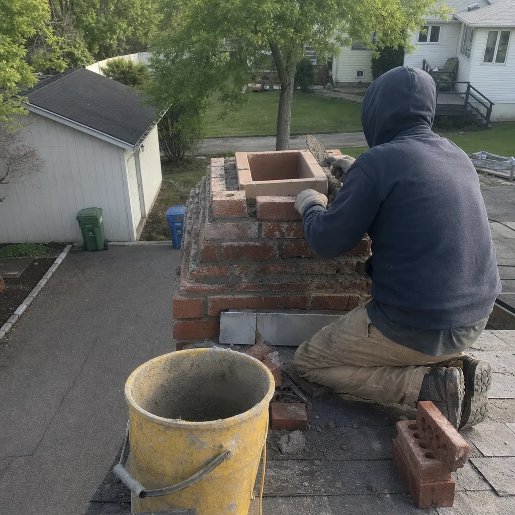 Professional contractor performing chimney brick masonry repair on a residential roof