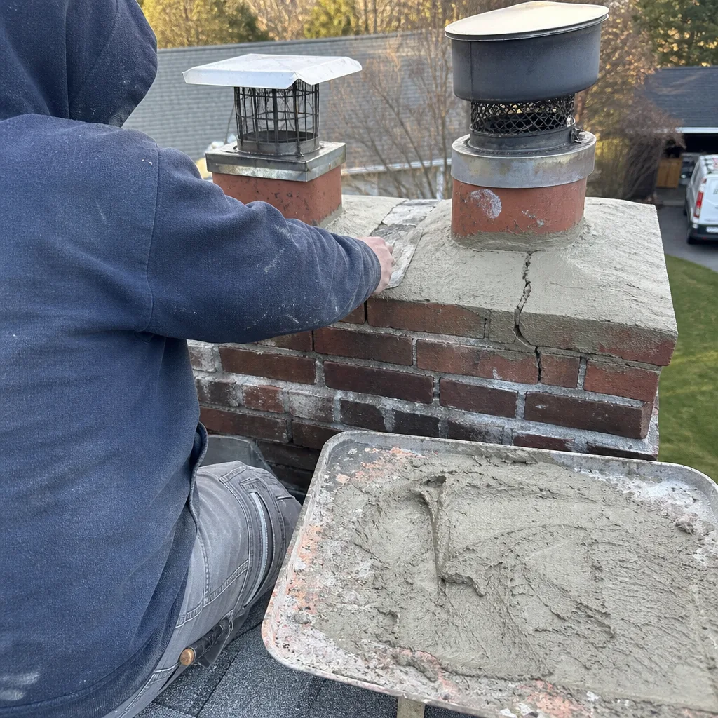 Professional technician repairing a damaged brick chimney crown with fresh mortar