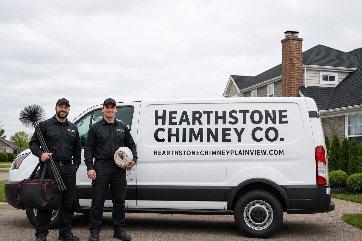 Hearthstone Chimney Co. chimney cleaning service vehicle and crew in Plainview, NY